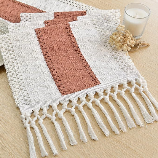 FEXIA Boho Table Runner for Summer Home Decor with Tassels 72 Inches Farmhouse Long Rustic Table Runner Macrame Burlap Centerpieces for Tables Decoration for Living Room Coral (12x72 Inches)