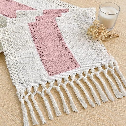 FEXIA Boho Table Runner Summer Home Decor with Tassels 72 Inches Long Pink Farmhouse Rustic Table Runner Burlap Centerpieces for Tables Decoration for Living Room (12x72 Inches)
