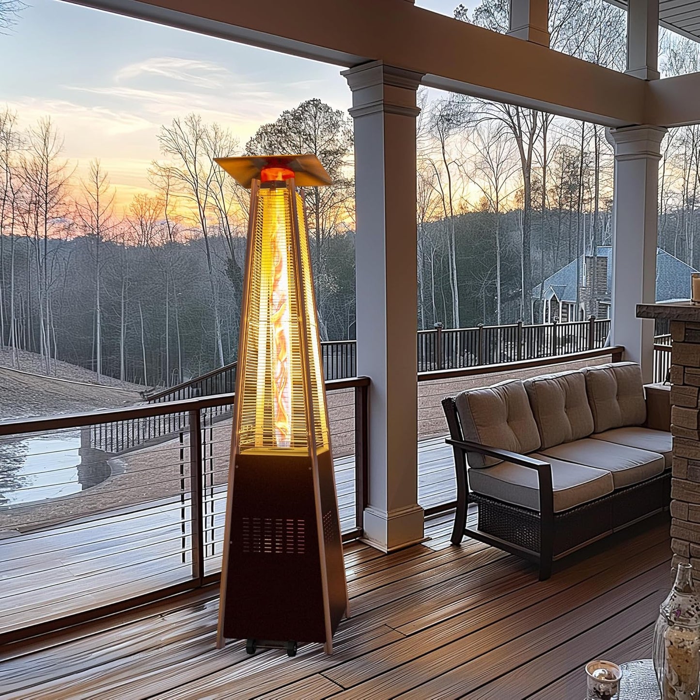 48,000 BTU Flame Pyramid Pool Heater, Triple Safety Protection Portable Patio Heater with Patio Cover, Warm Glass Tube with Durable Wheels-Brown