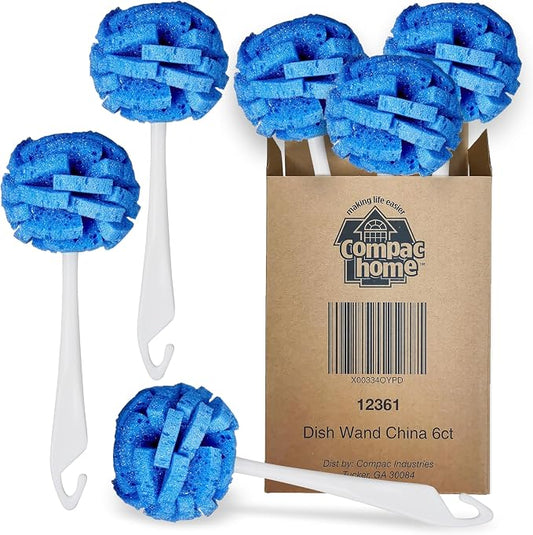 COMPAC HOME Dish Wand Kitchen Sponge | Effectively Clean China Dishes and Glassware | Unique Round Ball Shaped All-Around Cleaning Sponge | Gentle Flexible Brushes for Your Nice Dishes, 6 Count