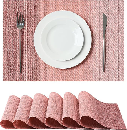 Leetaltree Gradient Pink Woven Placemats Set of 6 - Heat Resistant Non-Slip Place mats for Dining Table, Washable Durable PVC Vinyl Woven Table Mats(Gradient Pink, 6)