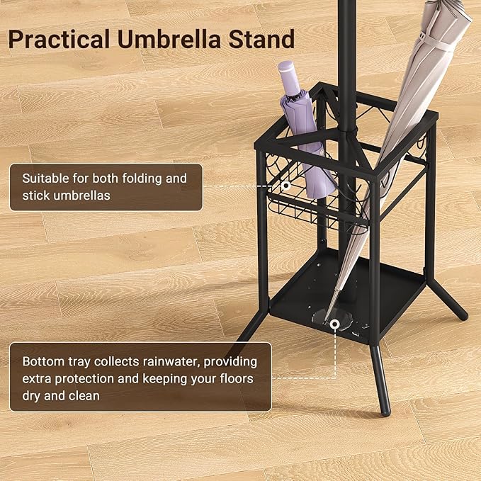 ELYKEN Coat Rack Freestanding, Coat Tree with Umbrella Holder, Metal Coat Rack Stand with 12 Hooks, Modern Standing Coat Hanger Stand, Hall Tree for Entryway Living Room Bedroom Office, Black