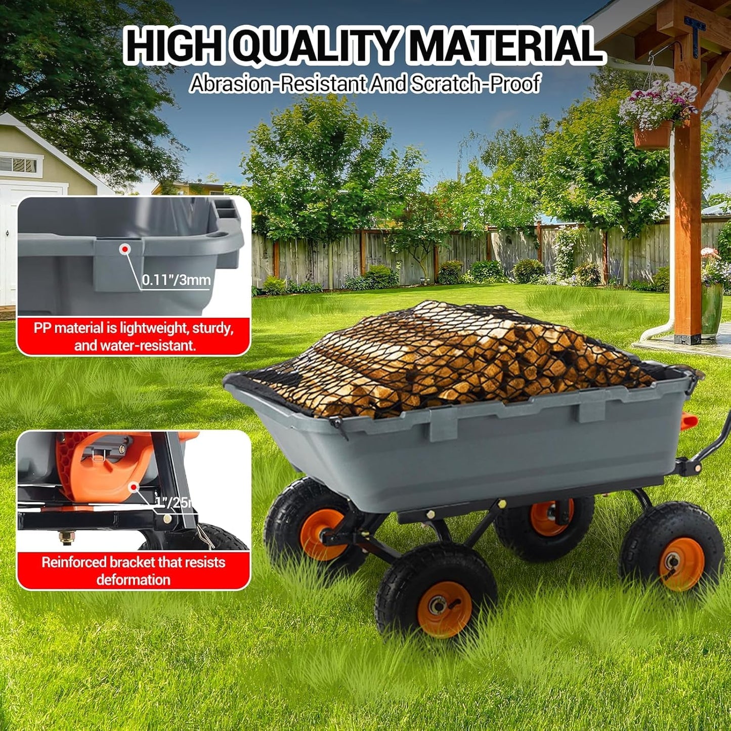 800 lbs Poly Garden Dump Cart, Heavy-Duty Wheelbarrow with 10-Inch Tires, 180° Rotating Handle, Steel Frame and Quick Release System Garden Dump Cart for Soil Plants Gardening Tools Wood