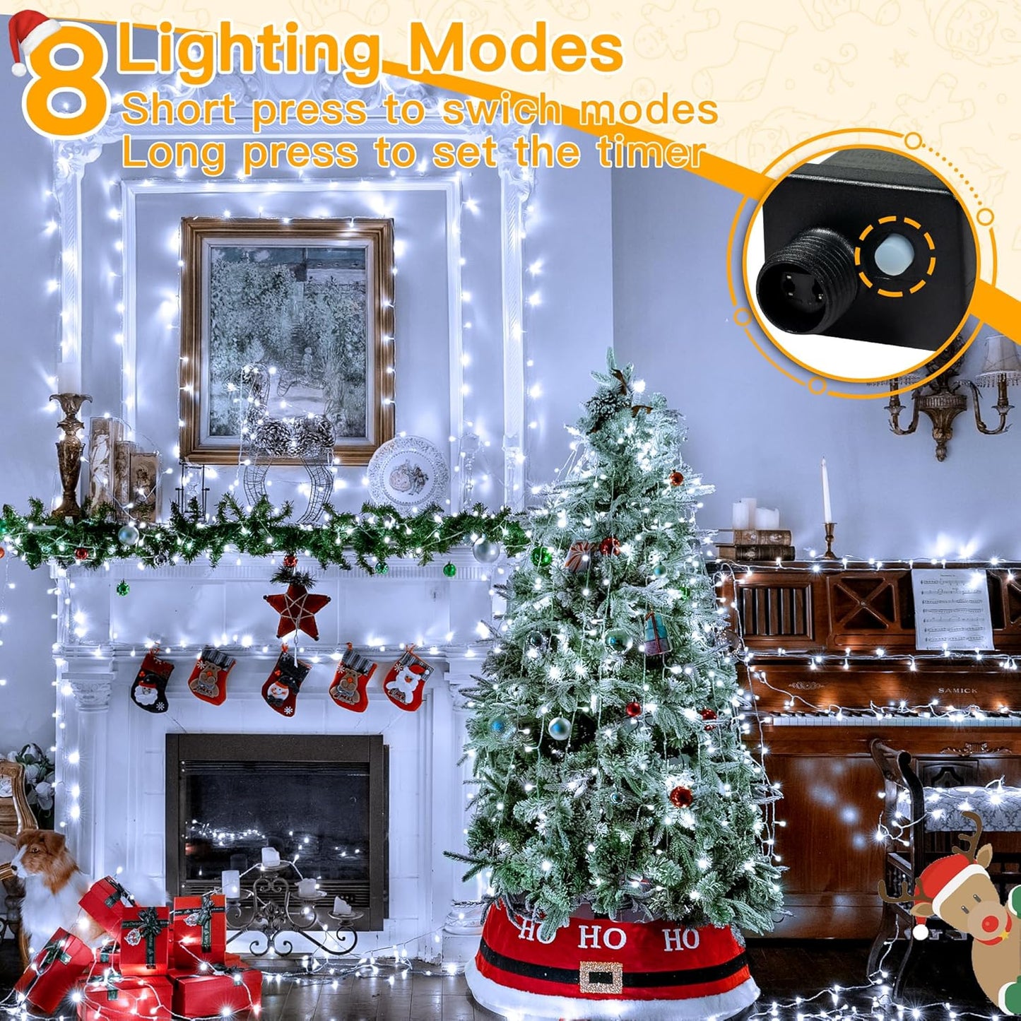 Ollny String Lights Indoor 200LED 60FT, Cool White Connectable Plug in LED Outdoor Light, 8 Modes Waterproof Timer Christmas Lights for Outside Bedroom House Party Wedding Camping