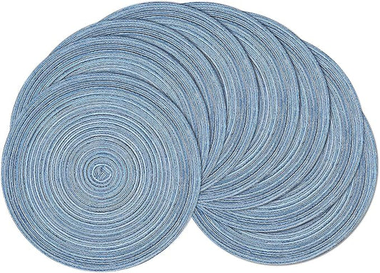 SHACOS Round Braided Placemats Set of 8 Circle Place Mats Cotton Polyester Kitchen Table Mats for Dining Table Wedding Party Decor (Blue Gray, 8)