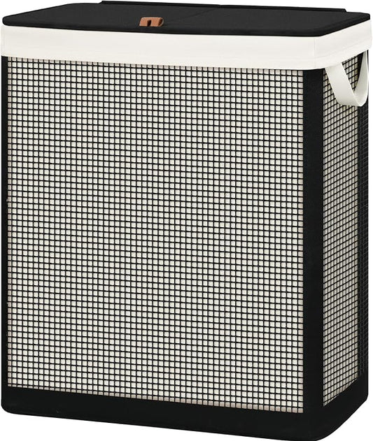 STO STO Double Laundry Hamper with Lid, 140L Large 2 Section Laundry Sorter, Laundry Basket with Removable Washable Canvas Liner Bag, Breathable Clothes Hamper for Bedroom Bathroom Laundry Room Closet