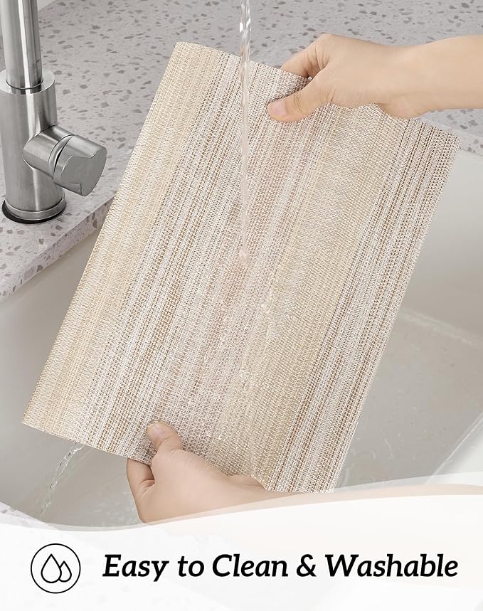 Leetaltree Lightsteel Beige with Yellow Placemats Set of 4 - Heat Resistant Non-Slip Place mats for Dining Table, Washable Durable PVC Vinyl Woven Table Mats (Lightsteel Beige, 4)