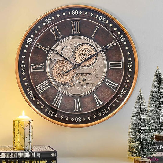 CLXEAST 24 Inch Wall Clock with Moving Gears,Oversized Large Industrial Steampunk Style, Antique Gold Metal Roman Numeral Wall Clocks for Farmhouse Living Room Decor
