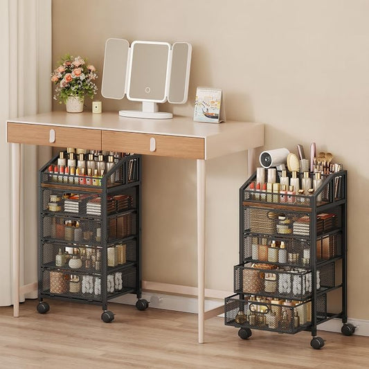 HapiRm Rolling Makeup Organizer Cart- Under Desk Vanity Storage with 4 Drawers, Floor Nail Cart Skincare Organizers Cosmetics Display Cases for Nail Polish Perfume Makeup Brush Hair Tool, Black