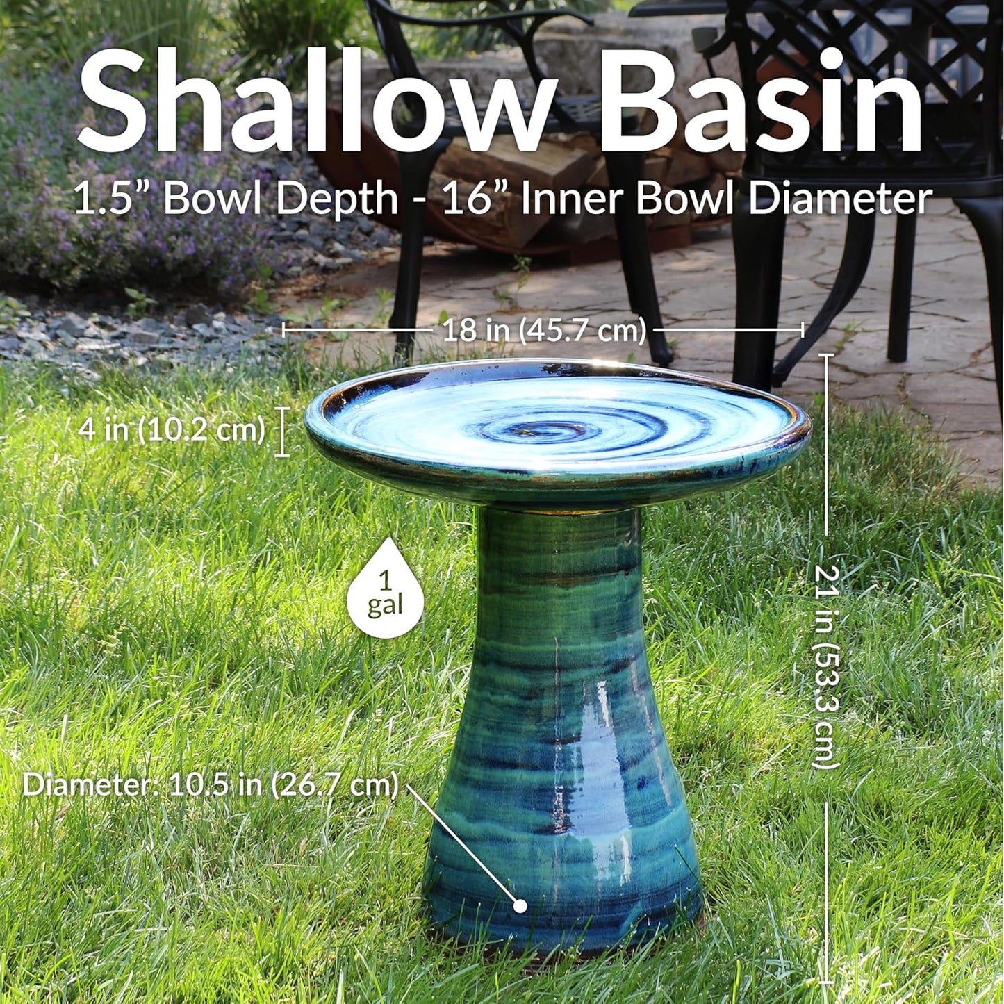 Sunnydaze 21" H Ceramic Bird Bath for Outside - Hand-Painted Outdoor Bird Bath Bowl, UV/Frost-Resistant Finish - Galaxy Blue - Classic Pedestal