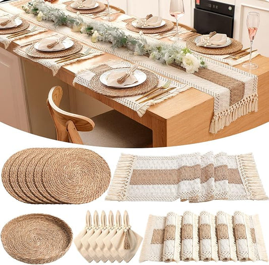 6 Sets Boho Decoration Placemats Round Woven Placemats, Cloth Napkins, Wood Bead Napkin Rings, Long Table Runner and Farmhouse Burlap Cotton for Table Kitchen (Khaki,12x72)
