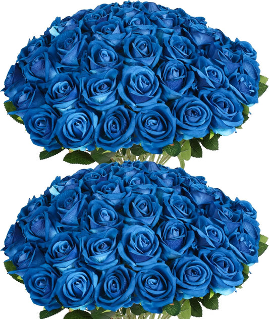 50 PCS Fake Blue Roses, Artificial Blue Flowers Realistic Silk Faux Rose with Stems for Wedding Decorations Romantic Gifts Anniversary Celebration Bridal Bouquets DIY Floral Arrangement Home Decor