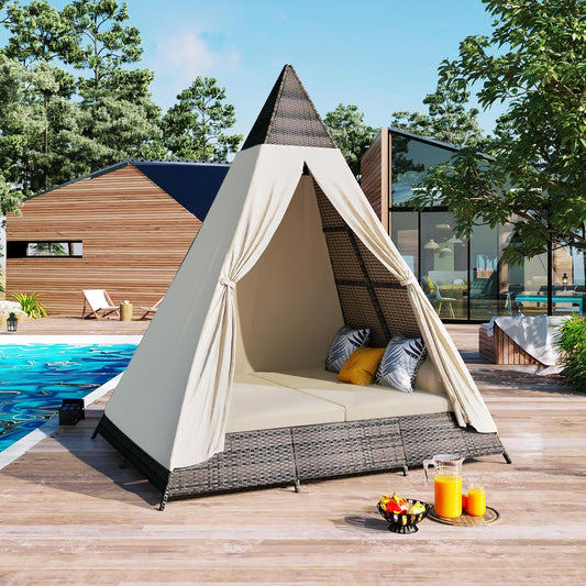 kevinplus Outdoor Patio Sunbed Daybed with Tent for Garden Backyard Pool, Adjustable Feet & Weather-Resistant Rattan Material, Beige