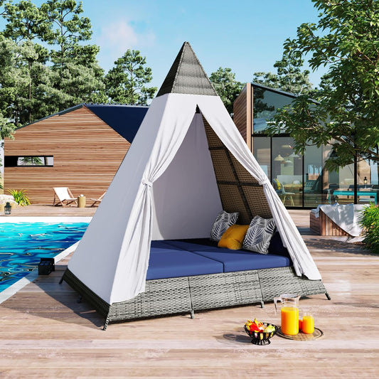 kevinplus Outdoor Patio Sunbed Daybed with Tent for Garden Backyard Pool, Adjustable Feet & Weather-Resistant Rattan Material, Gray and Blue