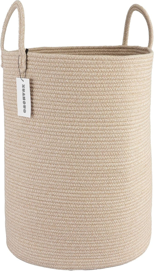 XUANGUO Cotton Rope Laundry Basket Hamper for Clothes Woven Storage Basket for Living Room Bedroom Boho Tall Rope Baskets for Blanket Toys Pillow Towels Baby Nursery Hamper Bin Large oatmeal