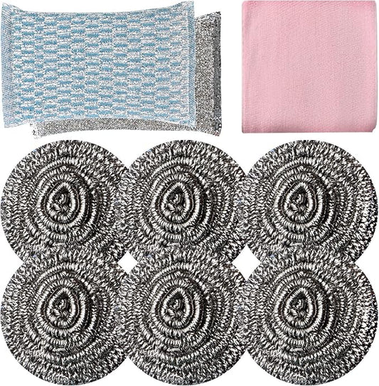 6pcs Stainless Steel Scrubber 2pcs Heavy Duty Scrub Sponges 1pcs Dish Clean Towel for Kitchens Bathroom and More