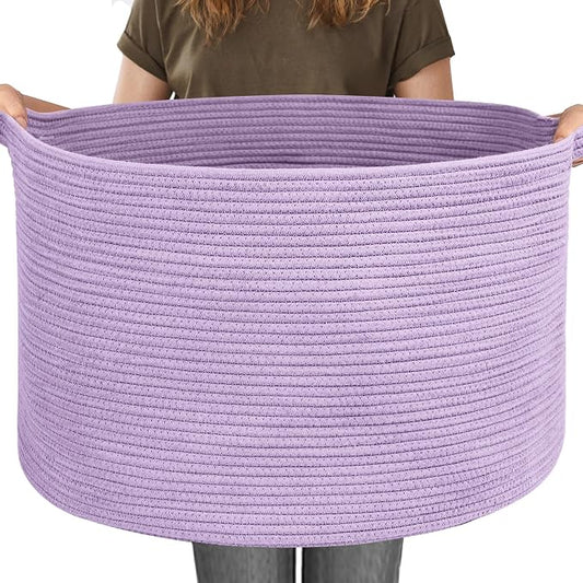 MEGASKET 115L Extra Large Purple Storage Basket, 23.6" X 15.7" Jumbo Woven Cotton Rope Bin for Throw Blankets Pillows, Baby Laundry Basket, Dirty Clothes Organizer, Big Storage Box for Toys, Towels
