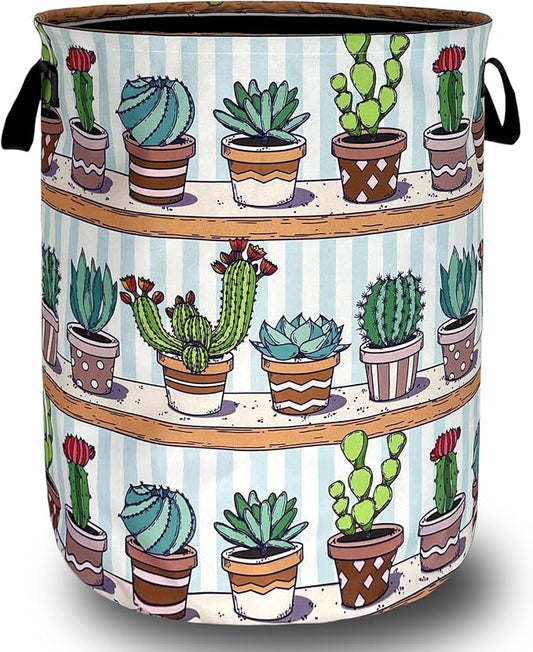Cute Cactus Laundry Basket Tropical Cactus Flower Hamper Foldable Oxford Cloth Green Plants Colorful Tote Bag Clothes Toy Storage Bucket For Bathroom/Laundry Storage/Bedroom 18.9 x 16.5 Inch