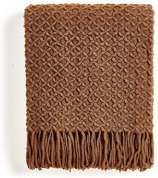CREVENT Farmhouse Boho Knitted Throw Blanket for Couch Sofa Chair Bed Home Decoration, Soft Warm Cozy Light Weight for Spring Summer Fall (50''X60'' Light Brown)
