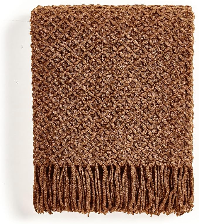 CREVENT Farmhouse Boho Knitted Throw Blanket for Couch Sofa Chair Bed Home Decoration, Soft Warm Cozy Light Weight for Spring Summer Fall (60''X80'' Light Brown)