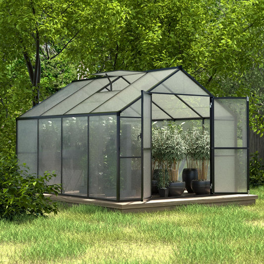 8x8 FT Outdoor Greenhouse Kit, Polycarbonate Aluminum Walk-in Greenhouse with Adjustable Roof Vent and Lockable Door, Backyard Garden in Winter, Gray