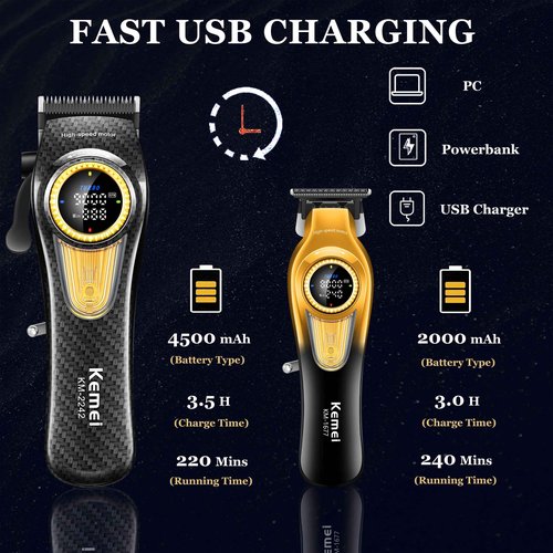 KEMEI Professional Hair Clippers for Men, Cordless Barber Clippers with LED Display and Charging Base, T-Blade Hair Trimmer, KM-2242, KM-1677