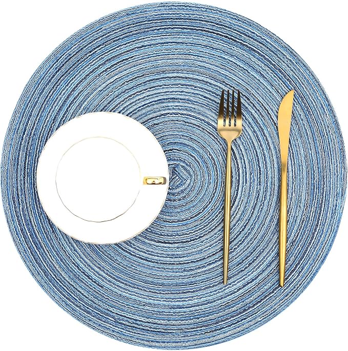 SHACOS Round Braided Placemats Set of 8 Circle Place Mats Cotton Polyester Kitchen Table Mats for Dining Table Wedding Party Decor (Blue Gray, 8)