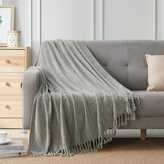BOURINA Chenille Fluffy Throw Blanket with Decorative Fringe for Couch Cover Sofa Chair Blanket（50×60 Inches） Grey