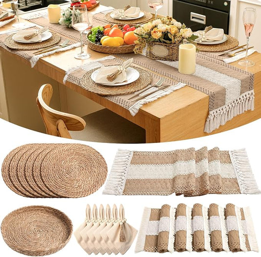 6 Sets Boho Decoration Placemats Round Woven Placemats, Cloth Napkins, Wood Bead Napkin Rings, Long Table Runner and Farmhouse Burlap Cotton for Table Kitchen (Neutral,12x72)