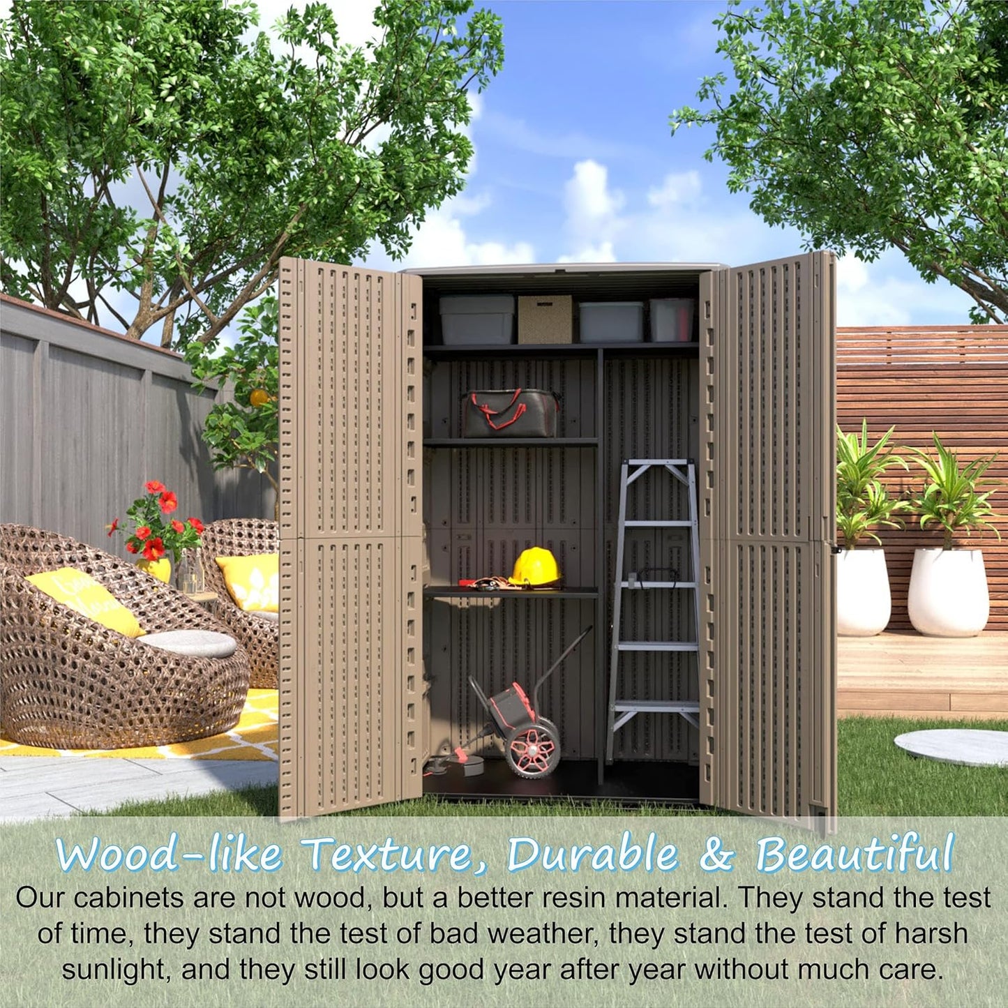 Sheds & Outdoor Storage, 52 Cu.ft Vertical Storage with Floor, Cabinet Waterproof for Garage Pool Bike Shed, Garden , Coffee Brown