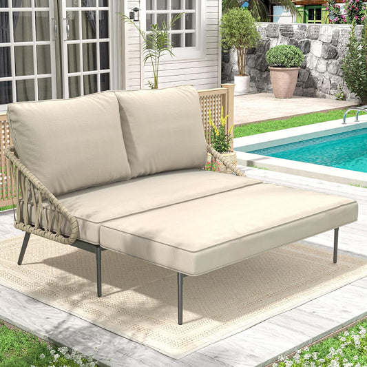 Patio Adjustable Daybed, 2-Person Outdoor Daybed with Cushions and Pillows, Woven Rope Patio Loveseat Garden Adjustable Reclining Chaise Lounge for Lawn