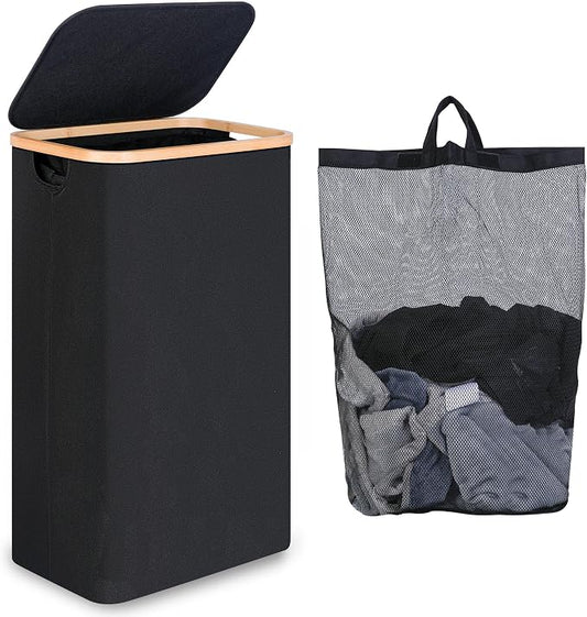 iEGrow 75L Slim Laundry Hamper, Narrow Laundry Basket with Lid,Foldable Clothes Hamper with Bamboo Handles,Hamper Basket with Removable Inner Bag for Laundry Room Bedroom College Dorm,19.8 Gals Black