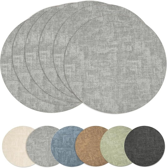 Maxpearl Round Placemats Set of 6, 13.8 inch Faux Leather Heat Resistant Table Mats, Non Slip Waterproof Wipeable Place Mats for Kitchen Dining Holiday Party Table Settings, Grey