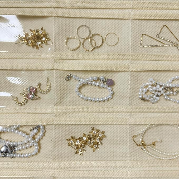 1 Pack Hanging Jewelry Organizer 80-Pocket Dual-sided Jewelry Storage for Earring Necklace Bracelet Ring Travel Holder, Black and Beige