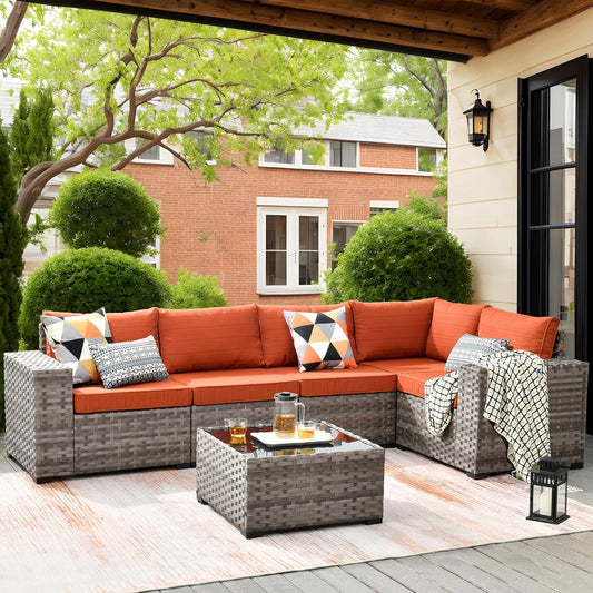 ovios 6 Pieces Patio Furniture Set, Outdoor Wicker Sectional Sofa with Glass Table Comfy Cushions, Modern Modular Deep Seat Couch Rattan Conversation Set, Orange Red