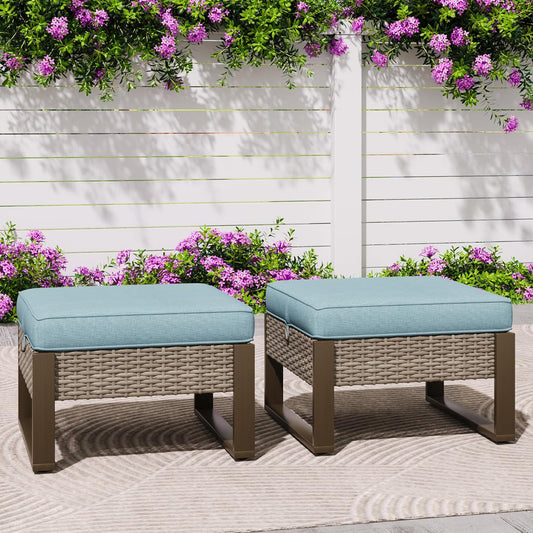 Patio Metal Wicker Ottoman Set of 2, Outdoor PE Rattan Footstools with Removable Cushions & Metal Steel Framed Legs for Garden Backyard Porch Deck, Baby Blue