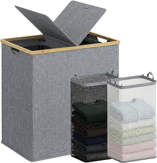 efluky Laundry Hamper with Lid, Double Laundry Basket with 2 Removable Bags, 2 Section Laundry Bin with Bamboo Handles for Bathroom, Bedroom & Laundry Room, 140L (36.9 Gallon) Blue Grey