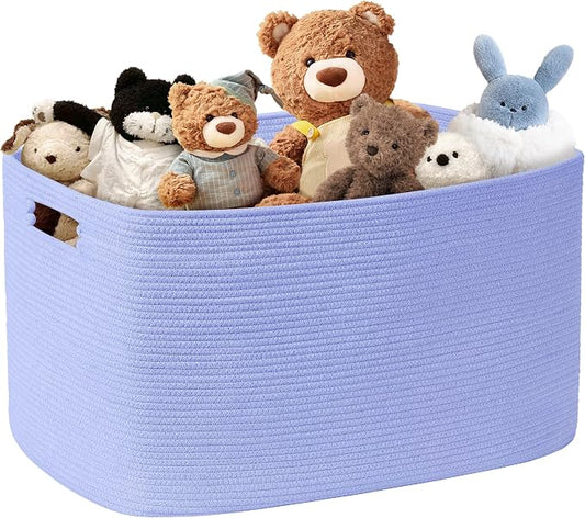 86L Large Baby Girls Laundry Basket for Nursery Storage,Cute Woven cotton Rope Baskets for Kids Toy，Gifts, Boho Square Wicker Blanket hamper for Living Room,Bedroom Dirty Clothes,Blue Purple