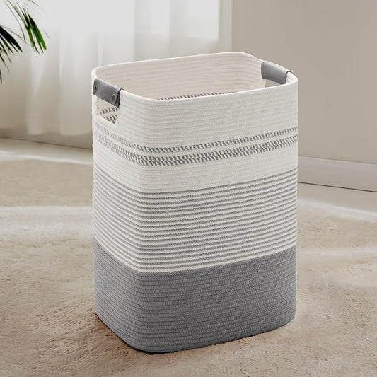 75L Tall Laundry Hamper with Handles for Living Room Storage, Large Woven Rope Baskets Bin for Blanket, Kids Toy, Gifts, Wicker Hamper for Bedroom Dirty Clothes, 16"x13"x22" White Grey