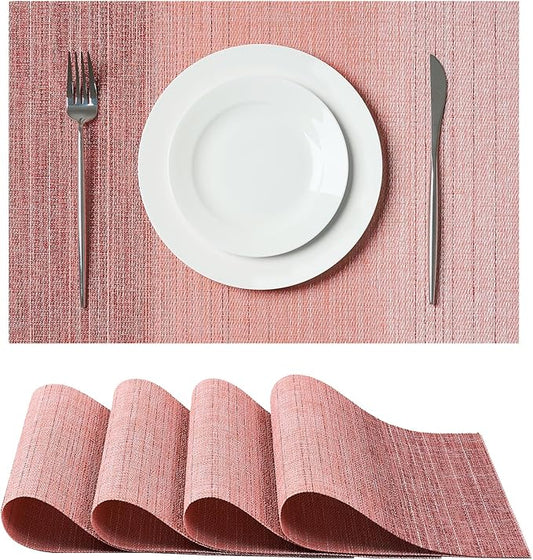 Leetaltree Gradient Pink Woven Placemats Set of 4 - Heat Resistant Non-Slip Place mats for Dining Table, Washable Durable PVC Vinyl Woven Table Mats(Gradient Pink, 4)