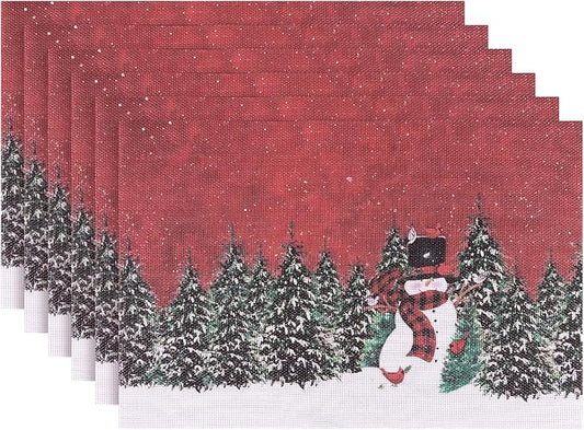 Aofmee Christmas Placemats Set of 6, Washable Christmas Place Mats for Party Kitchen Dining Decoration, Indoor/Outdoor Woven Vinyl Table Mats, Non-Slip Heat Resistant Holiday Placemats, Easy to Clean