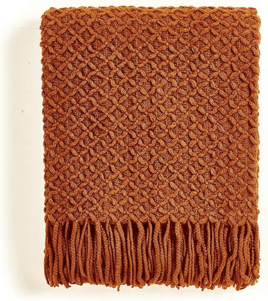 CREVENT Farmhouse Boho Knitted Throw Blanket for Couch Sofa Chair Bed Home Decoration, Soft Warm Cozy Light Weight for Spring Summer Fall (50''X60'' Caramel/Rust Burnt Orange)