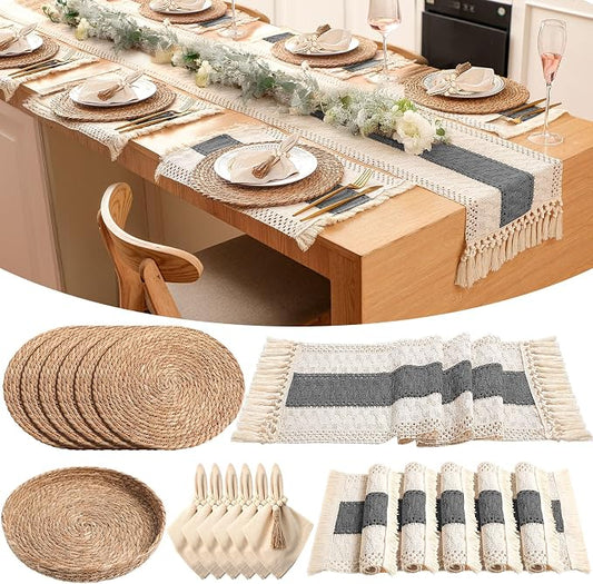 6 Sets Boho Decoration Placemats Round Woven Placemats, Cloth Napkins, Wood Bead Napkin Rings, Long Table Runner and Farmhouse Burlap Cotton for Table Kitchen (Gray,12x72)