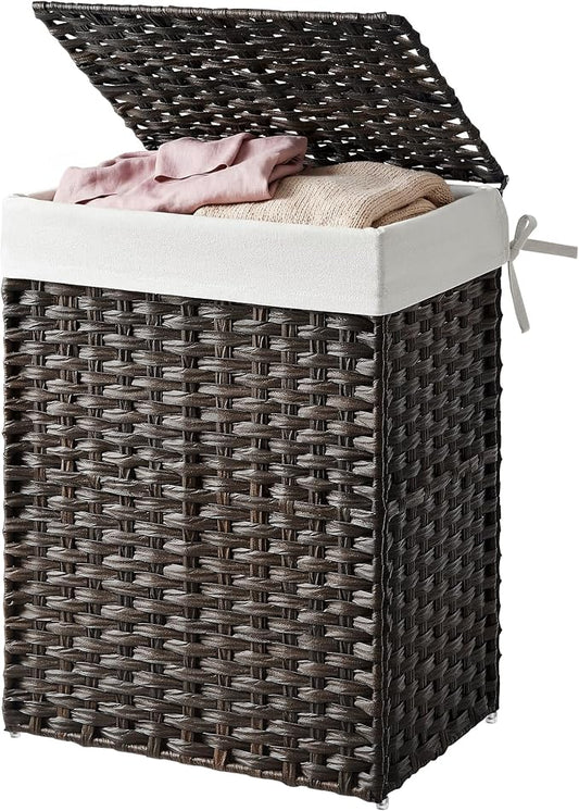 SONGMICS HOME Laundry Hamper with Lid, Clothes Basket with Removable Liner and Handles, 23.8 Gallon, Foldable Narrow Laundry Organizer for Bathroom, Bedroom, Dark Brown