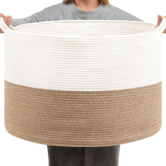 Foldable Laundry Hamper Basket with Collapsible Handle Cotton Rope Soft Woven Fabric Storage Organizer Clothes Toys Nursery Bedroom Dorm Space Saving Bin (White & Brown, 115L(23.6"D x 15.7"H))