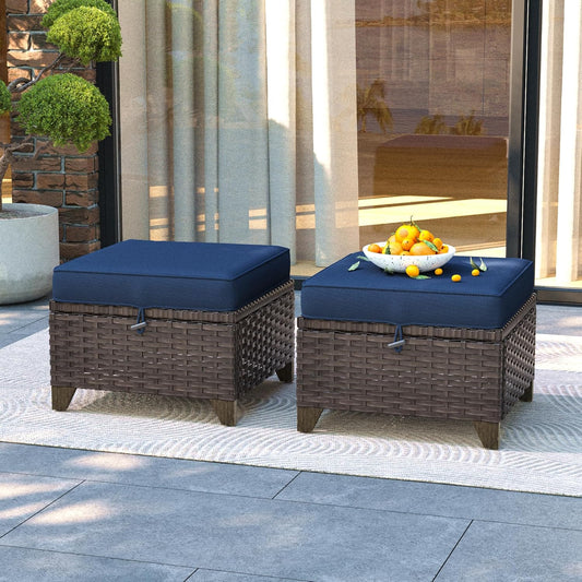2 Pieces Patio All-Weather Wicker Ottomans with Cushions, PE Rattan Outdoor Conversation Furniture Set for Backyard, Deck, Lawn (Navy Blue)