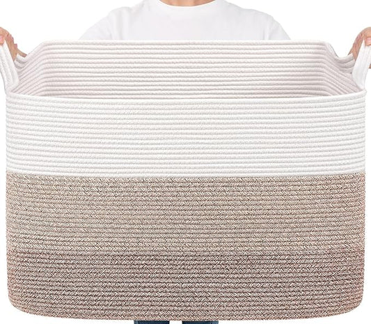 Goodpick 105L Woven Blanket Basket 25" x 16" x 16" Cotton Rope Storage Bins for Dirty Clothes, Extra Large Gift Basket for Living Room Home Decor, Toy Storage Baskets for Kids, Gradient Brown