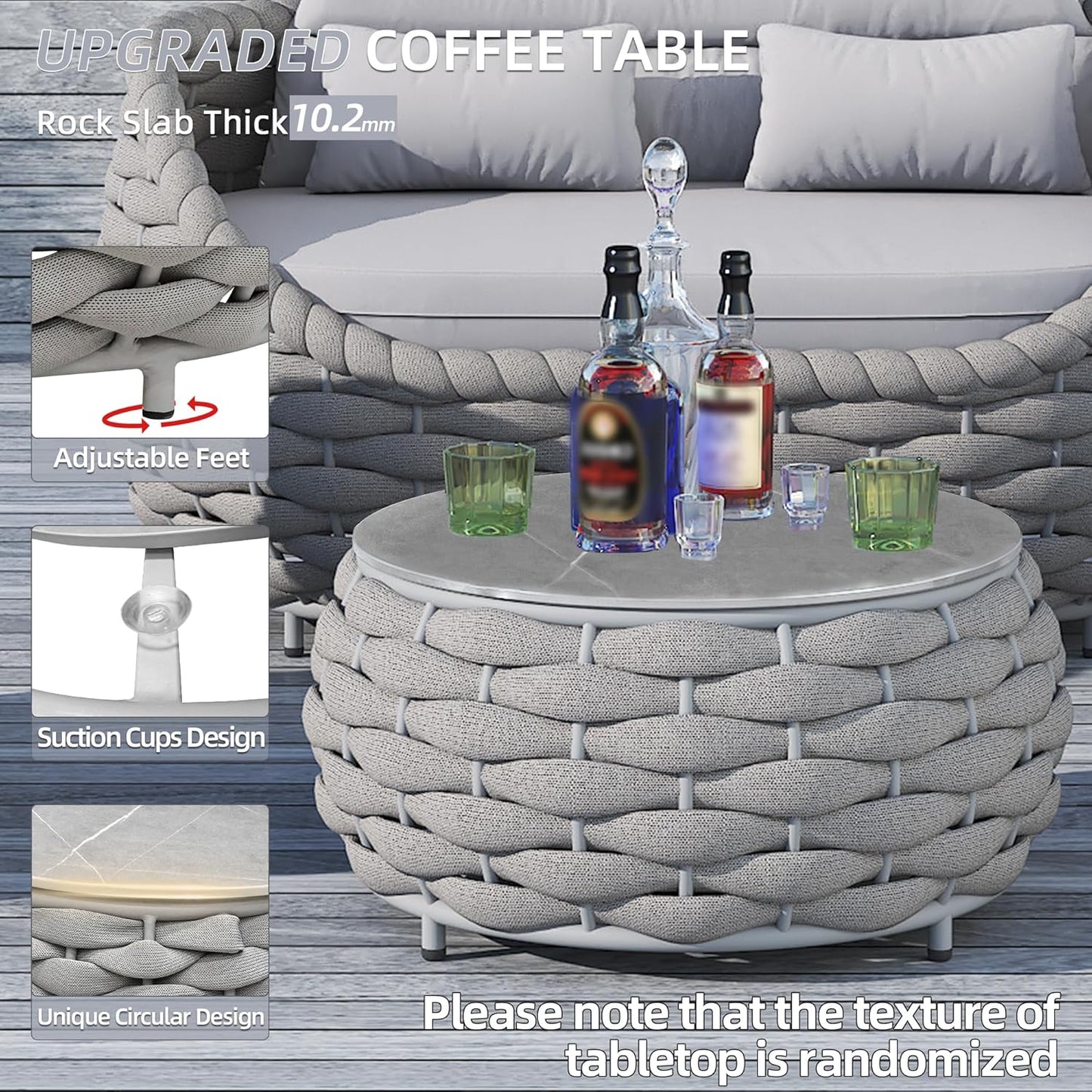 Outdoor Patio Furniture Set-5 Pieces Aluminum Sectional Sofa, Metal Patio Conversation Set with Threeseat & Armchair, Textile Rope and Coffee Table, Light Grey