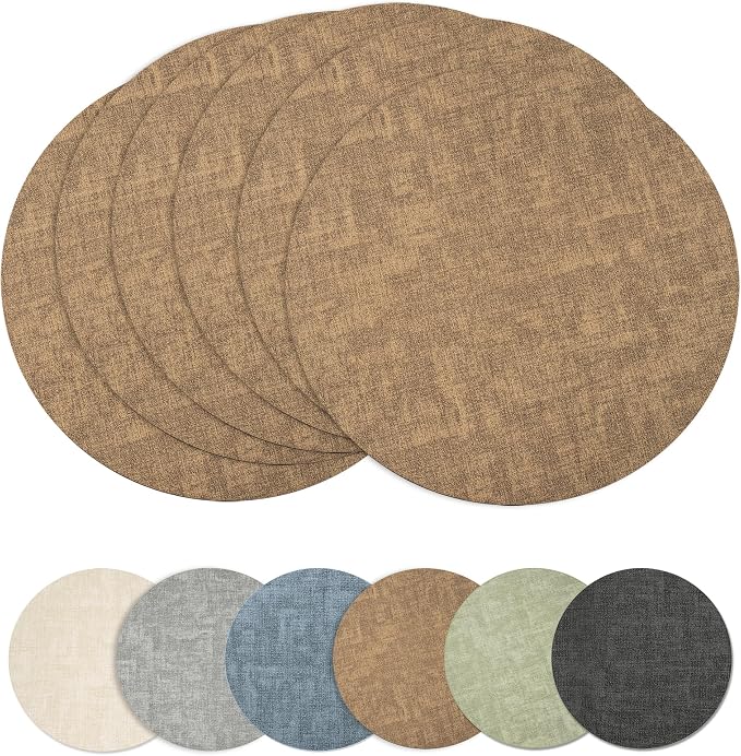 Maxpearl Round Placemats Set of 6, 13.8 inch Faux Leather Heat Resistant Table Mats, Non Slip Waterproof Wipeable Place Mats for Kitchen Dining Holiday Party Table Settings, Brown