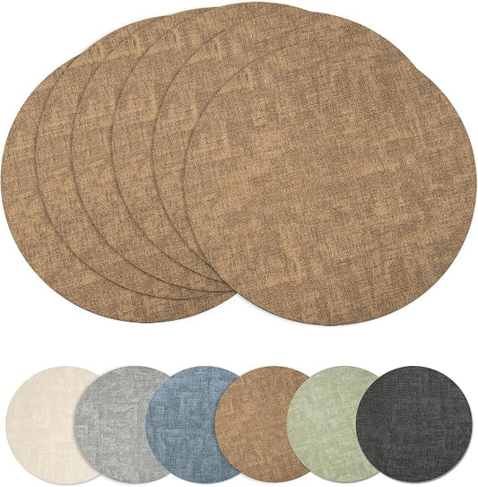Maxpearl Round Placemats Set of 6, 13.8 inch Faux Leather Heat Resistant Table Mats, Non Slip Waterproof Wipeable Place Mats for Kitchen Dining Holiday Party Table Settings, Brown
